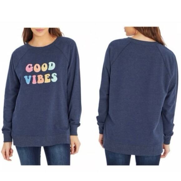WildFox Good Vibes Blue Sweatshirt with Plush Letters Small - Picture 2 of 7